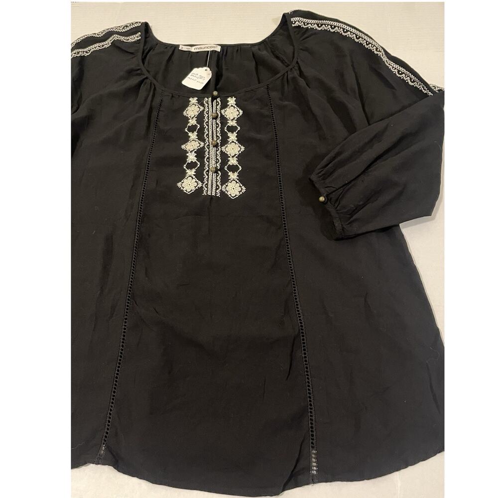 MAURICES blouse Size: 2 Plus Size Black Long Sleeve w/Embroidery